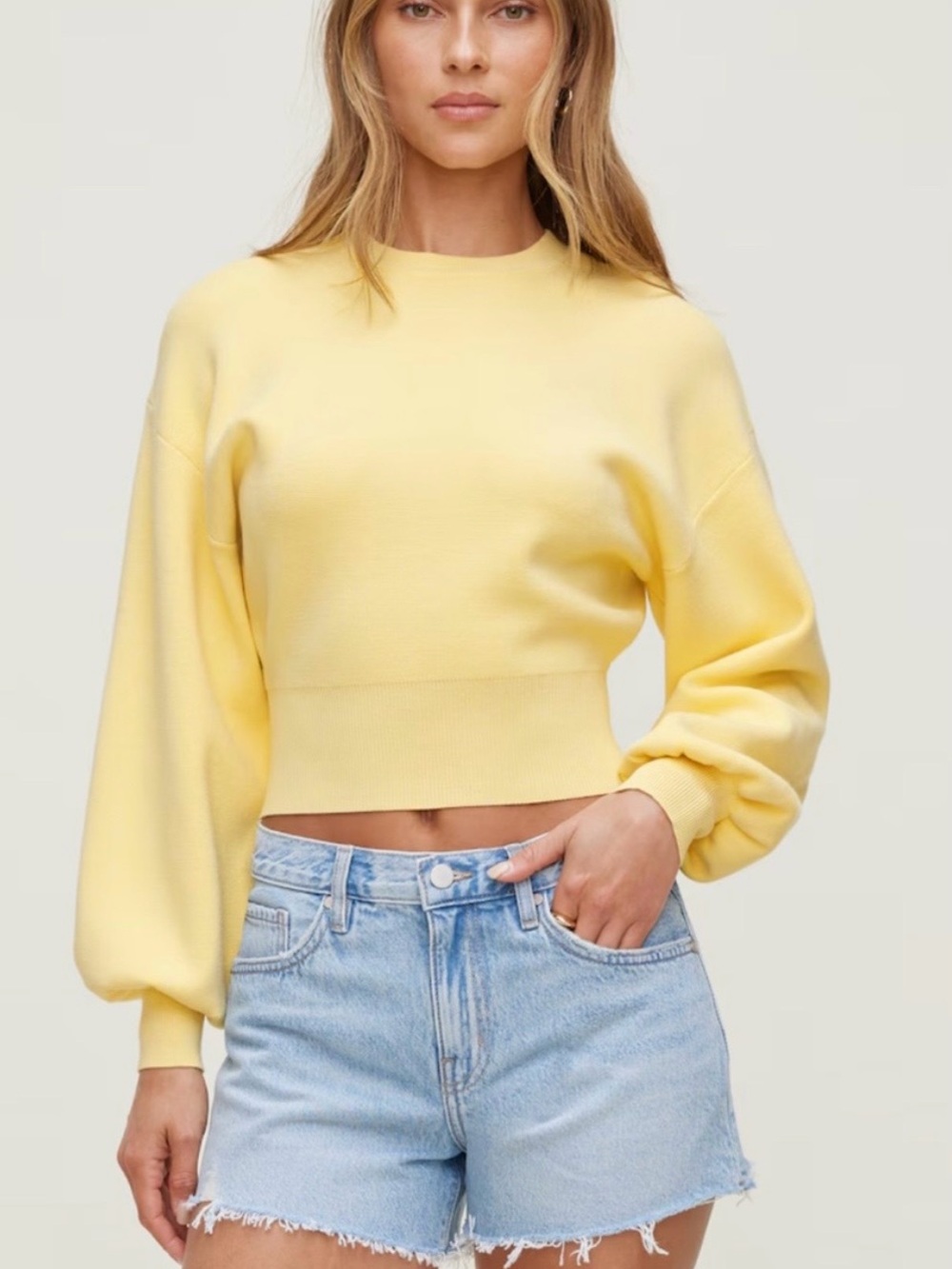 Dynamite Pale Yellow Cropped Balloon-Sleeve Sweater